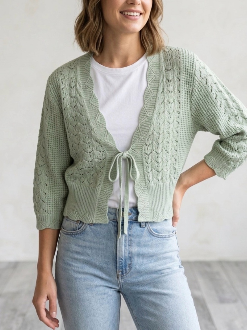 Willow & Wind Cropped Pointelle Cardigan M Seafoam Green Cotton Blend Tie Front